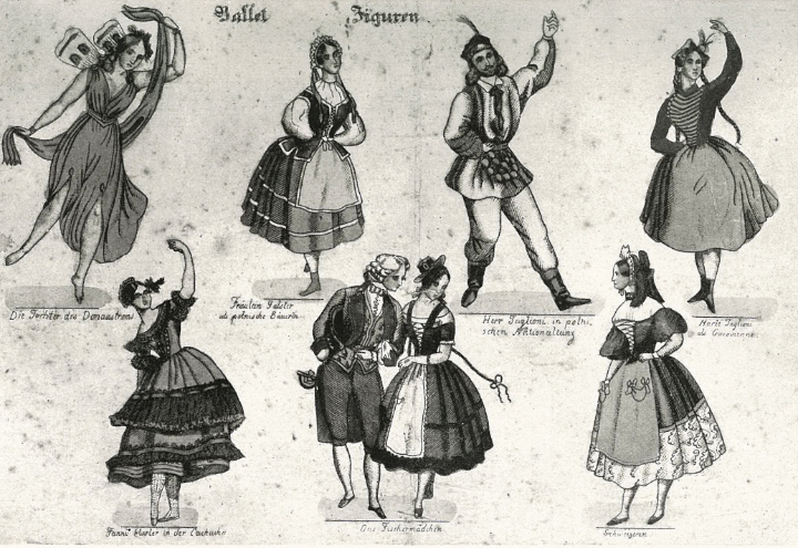 Kinderbilderbogen mit Fanny Elßler, Marie Taglioni, Paul Taglioni, Amalie Galster, Hulda Galster, Berlin um 1844. In: Emil Pirchan, „Fanny Elßler“, Wilhelm Frick, Wien 1940. 03 Taglioni