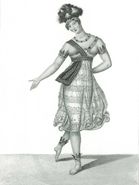 Sébastien Cœuré / Jean Prud’hon: Constance Gosselin in „Fernand Cortez“ (M: Gaspare Spontini), Paris 1817. In: Parmenia Migel, „Great Ballet Prints of the Romantic Era“, Dover Publications, Inc. New York 1981. 07 Lieser